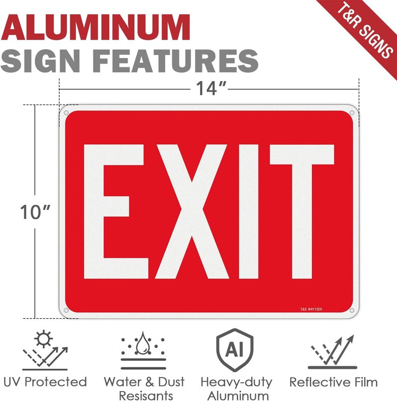 TR Large Exit Sign - 2 Pack - 14 x 10 Inches Rust Free .040 Aluminum Reflective - UV Protected, Waterproof and Fade Resistant - 4 Pre-drilled Holes - Image 2